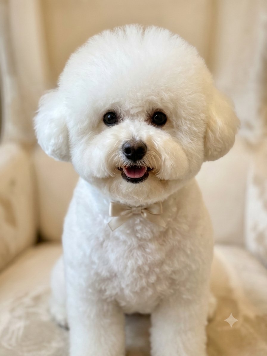 Freshly groomed bichon with a bow